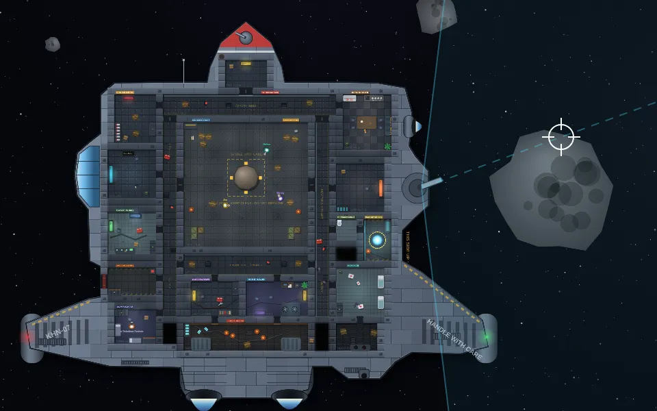 Mission: Rock: a top-down starship full of rooms and crew, with a big rock in the cargo bay