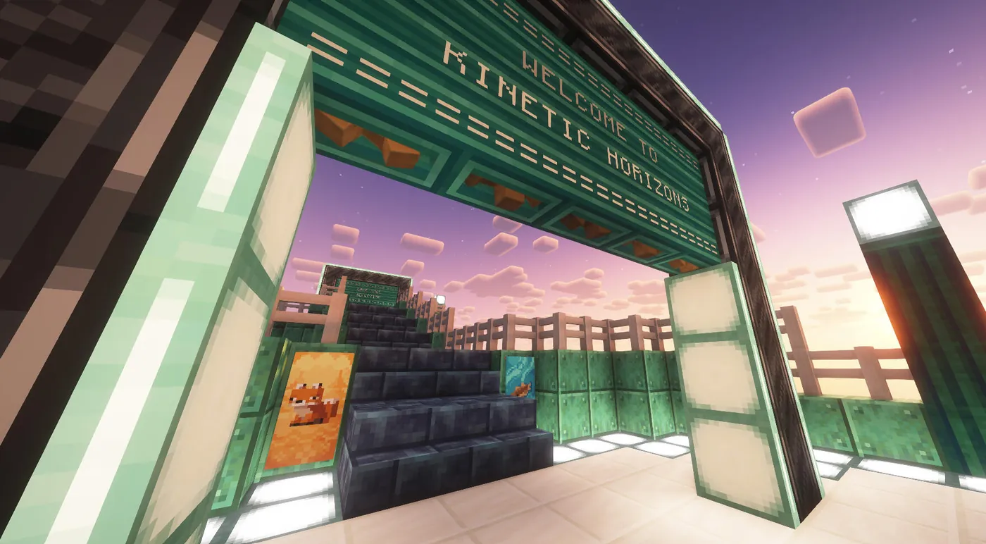 The Kinetic Horizons gate on the Minecraft server, at sunset