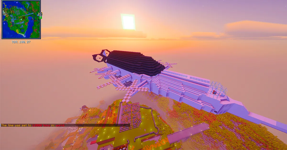 A huge black and white airship flying above the server island at sunrise