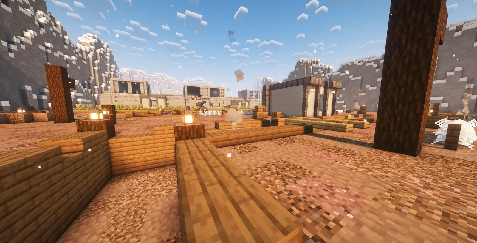 The map we built for our First World War event: a desert camp with wooden walkways and sandstone buildings under snowy mountains
