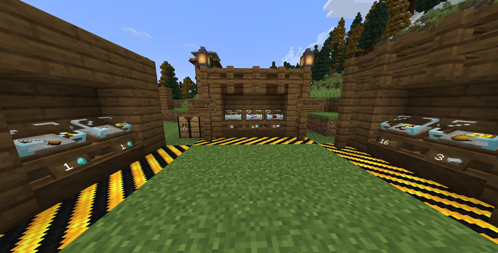 Nivix's shop: market stalls with items for sale, a "Do not grief please" sign and lanterns
