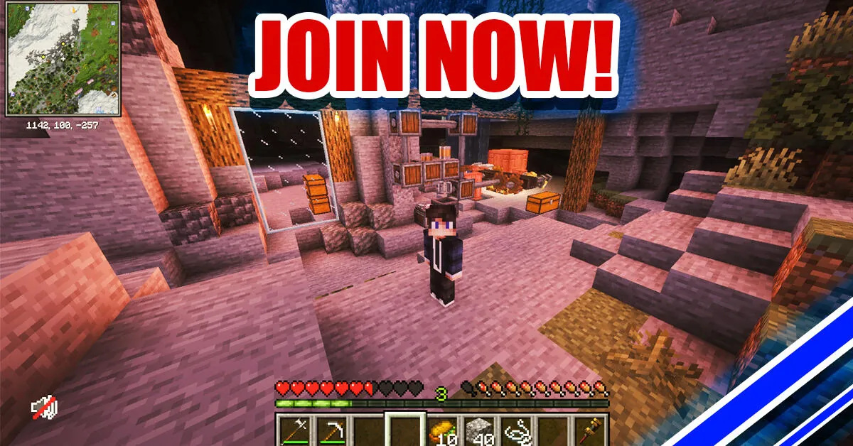A player in a Minecraft town under a JOIN NOW! banner