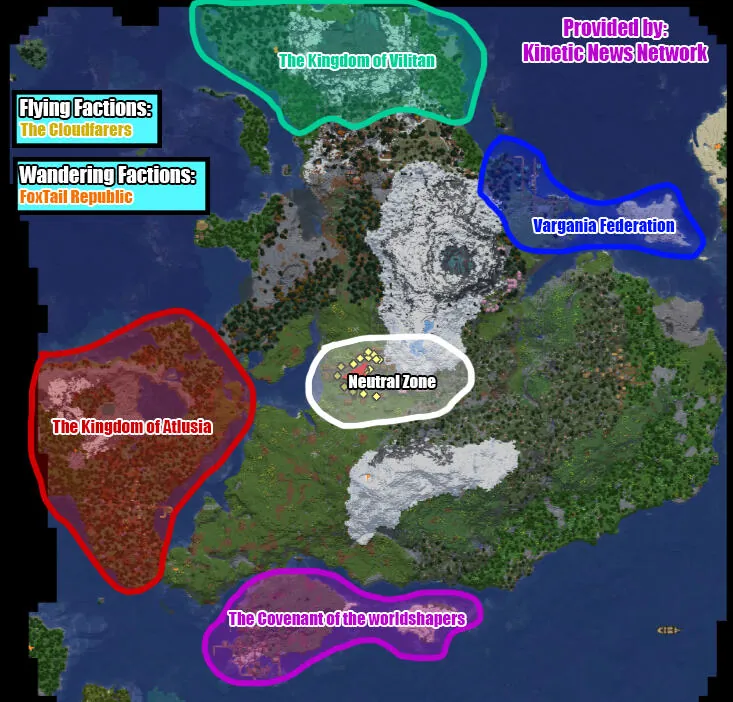 Map of the server world showing faction territories such as the Kingdom of Viltan and the Neutral Zone