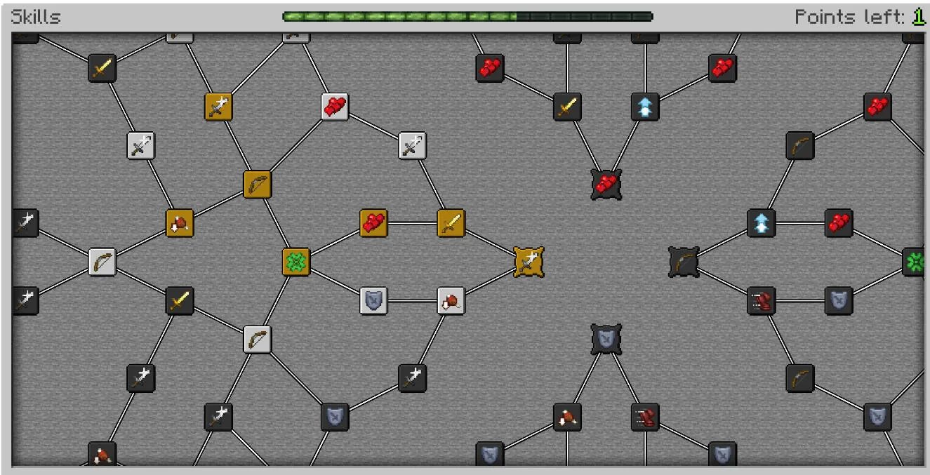 The skill tree screen, with unlocked and locked skills